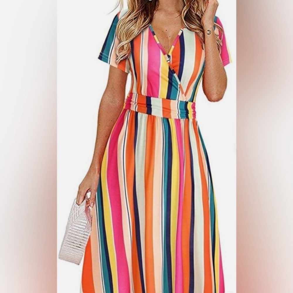 Pink and Yellow V-Neck Cap Sleeve Midi Dress
